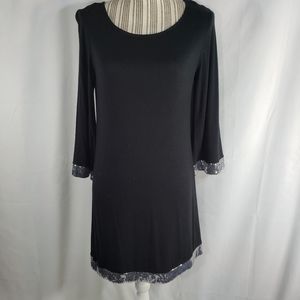 Blush Black w/Silver Sequins Edged Cuffs & Hem Long Sleeve Dress Size Medium